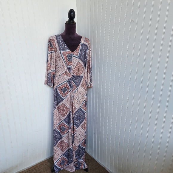 Venus Maxi Dress Stretch Womens Geo Print Boho Knot Ruched Brown White Tile Sz L - Picture 1 of 13
